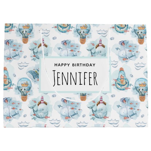 キュート航海のクジラ水彩模様誕生日 ラージペーパーバッグ (裏面)