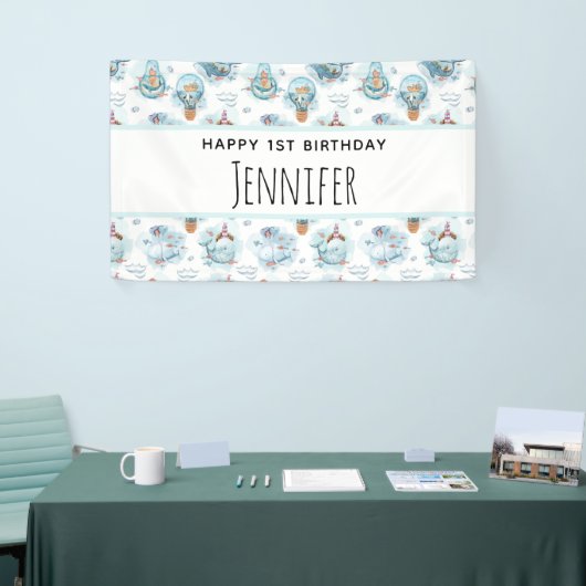 キュート航海のクジラ水彩模様誕生日 横断幕 (トレードショー)