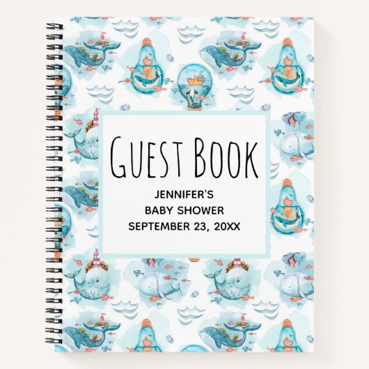 キュート航海のクジラ水彩絵柄ゲストブック ノートブック (正面)
