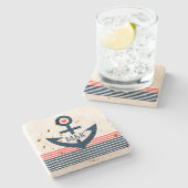 キュート航海のボートいかり&ブルー&コーラルストライプズ ストーンコースター (横)