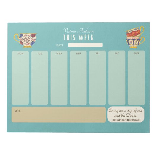 キュート茶ドリンカーパーソナライズされたウィークリーアジェンダ ノートパッド (正面)