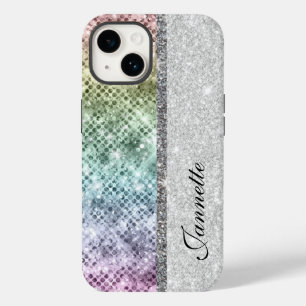 キュート虹彩色シルバーフェイクグリッターモノグラム Case-Mate iPhone 14ケース