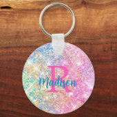 キュート虹彩色ユニコーンピンクフェイクグリッターモノグラム キーホルダー (正面)