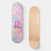 キュート虹彩色ユニコーンピンクフェイクグリッターモノグラム スケートボード (正面)