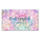 キュート虹彩色ユニコーンピンクフェイクグリッターモノグラム マグネット名刺 (正面)