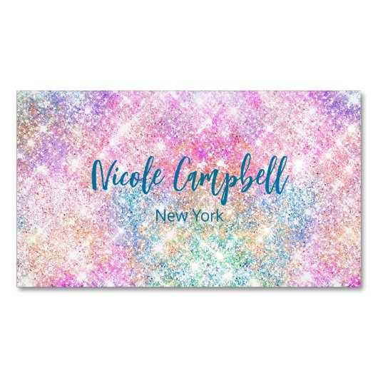 キュート虹彩色ユニコーンピンクフェイクグリッターモノグラム マグネット名刺 (正面)
