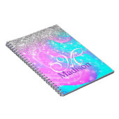 キュート虹彩色ユニコーン銀グリッターモノグラム ノートブック (右側)