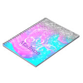 キュート虹彩色ユニコーン銀グリッターモノグラム ノートブック (左側)