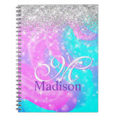 キュート虹彩色ユニコーン銀グリッターモノグラム ノートブック (正面)