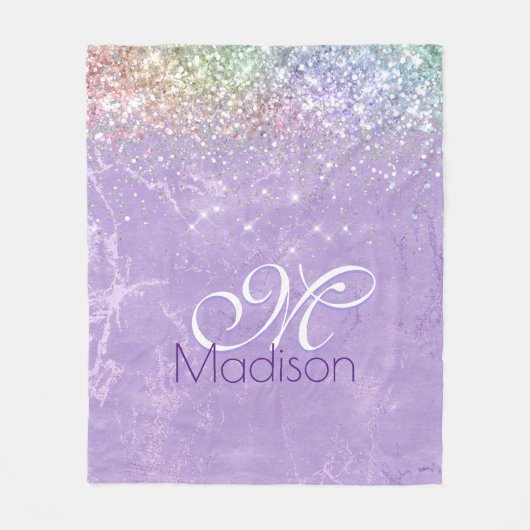 キュート虹彩薄紫紫フェイクグリッターモノグラム フリースブランケット (正面)