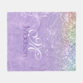 キュート虹彩薄紫紫フェイクグリッターモノグラム フリースブランケット (正面(横))