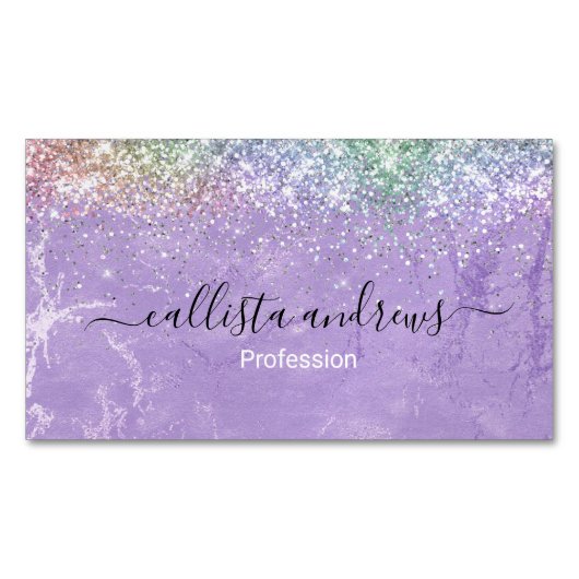 キュート虹彩薄紫紫フェイクグリッター マグネット名刺 (正面)