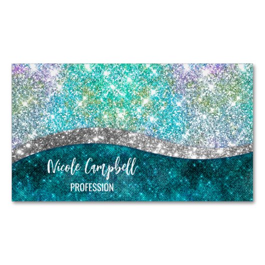 キュート虹色ターコイズフェイクグリッターモノグラム マグネット名刺 (正面)