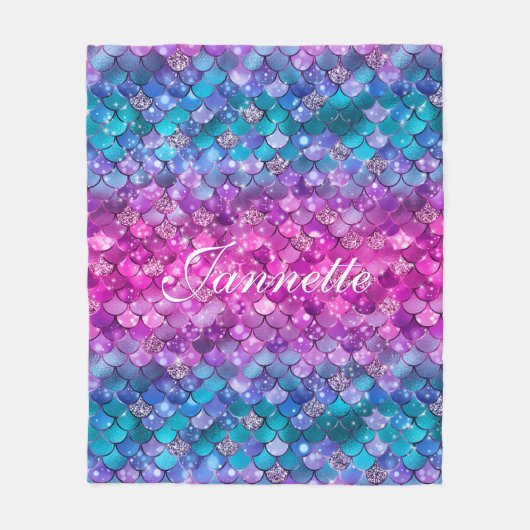 キュート虹色パープルマーメイドフェイクグリッター フリースブランケット (正面)