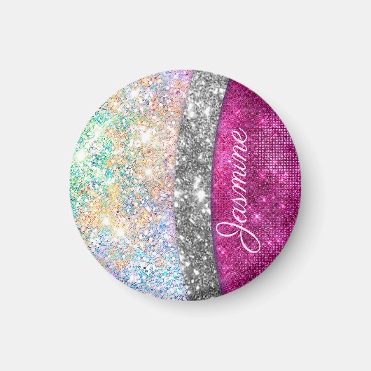 キュート虹色ピンクの銀フェイクグリッターモノグラム マグネット (正面)