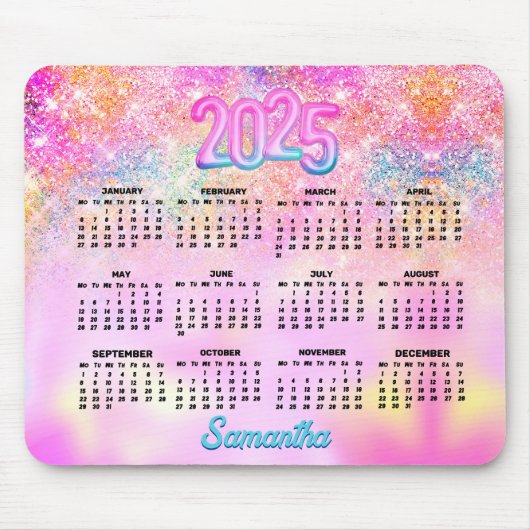 キュート虹色ピンクグラデーショングリッターモノグラム2025 マウスパッド (正面)