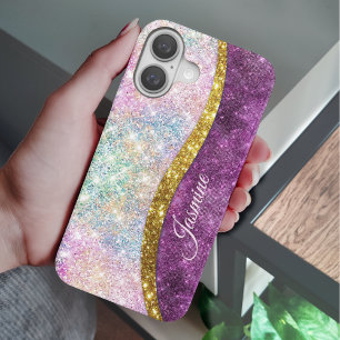 キュート虹色明るい赤紫色金ゴールドフェイクグリッターモノグラム iPhone 16ケース