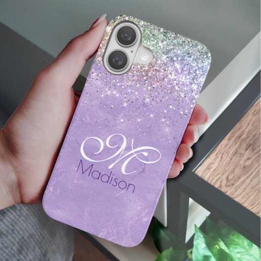 キュート虹色薄紫紫フェイクグリッターモノグラム Case-Mate iPhoneケース
