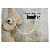 キュート詰まったベア素朴木製壁誕生日 ラージペーパーバッグ (正面)