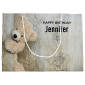 キュート詰まったベア素朴木製壁誕生日 ラージペーパーバッグ (裏面)