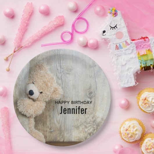 キュート詰まったベア素朴木造バックドロップ誕生日 ペーパープレート (パーティー)