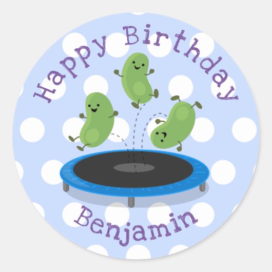 キュート豆ジャンプのトランポリン漫画イラストレーション ラウンドシール (正面)