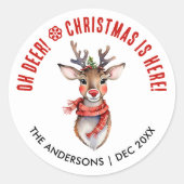 キュート赤と白クリスマスルドルフのトナカイ ラウンドシール (正面)