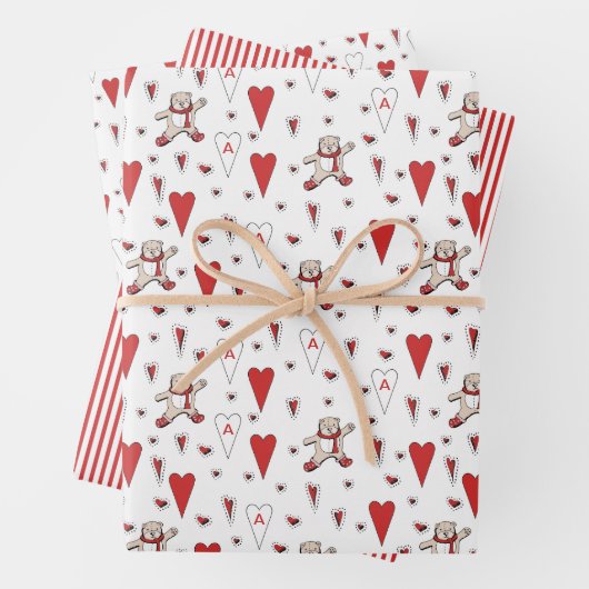 キュート赤と白テディベア&ハートバレンタイン ラッピングペーパーシート (インサイチュ)