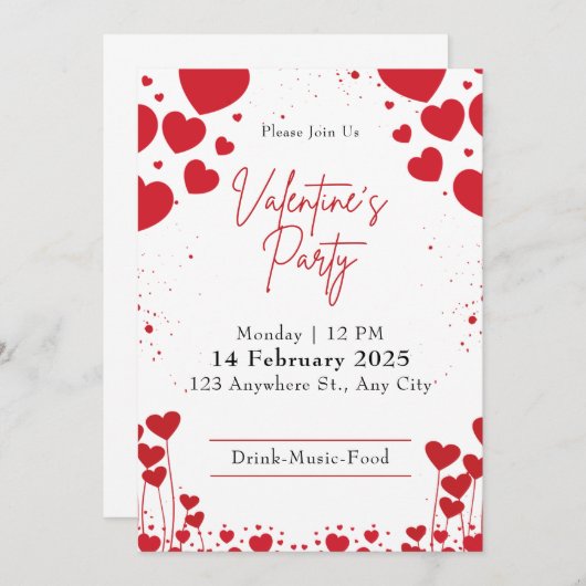 キュート赤と白バレンタインデーパーティー 招待状 (正面/裏面)