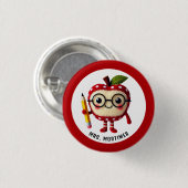 キュート赤りんごキャラクターペンシル先生名付き 缶バッジ (正面&裏面)