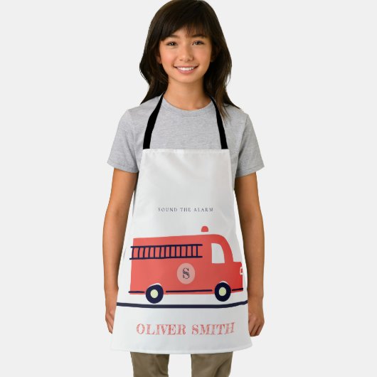 キュート赤海軍の消防車エンジンモノグラムボーイズ エプロン (インサイチュ)