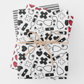 キュート赤白ブラックナースドクターメディカルパターン ラッピングペーパーシート (インサイチュ)