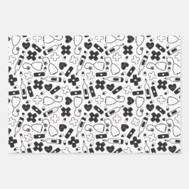 キュート赤白ブラックナースドクターメディカルパターン ラッピングペーパーシート