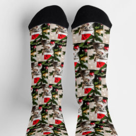 キュート遊な子猫とクリスマスツリー ソックス