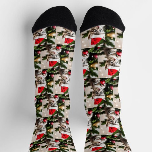 キュート遊な子猫とクリスマスツリー ソックス (上部)