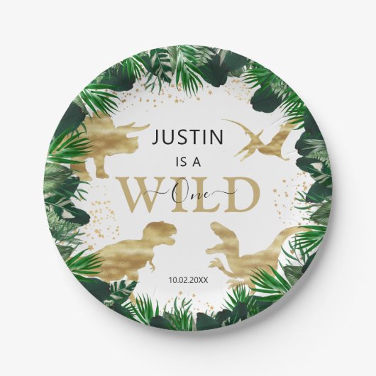 キュート金ゴールド恐竜子供の誕生日ディノトレックス ペーパープレート (正面)