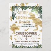 キュート金ゴールド恐竜子供の誕生日ディノトレックス 招待状 (正面/裏面)