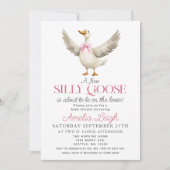 キュート間抜けグースピンクリボンガールベイビーシャワー 招待状 (正面)