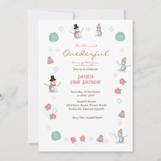 キュート雪だるまウィンターオネダーランド誕生日 招待状 (正面)