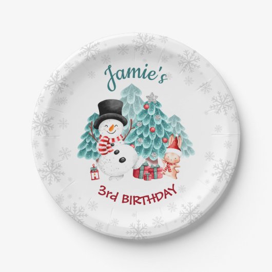 キュート雪だるまクリスマスバースデーパーティー ペーパープレート (正面)