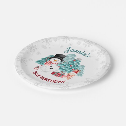 キュート雪だるまクリスマスバースデーパーティー ペーパープレート (アングル)