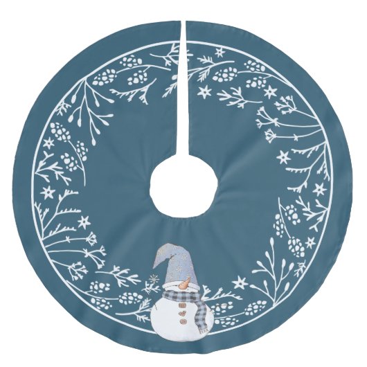 キュート雪だるまシンプルホワイトボタニカルデザイン ブラッシュドポリエステルツリースカート (正面)