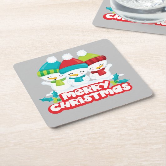 キュート雪だるまトリオホリデイ スクエアペーパーコースター (アングル)