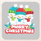 キュート雪だるまトリオホリデイ スクエアペーパーコースター (正面)