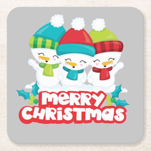 キュート雪だるまトリオホリデイ スクエアペーパーコースター (正面)