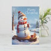 キュート霜の降りた雪だるまホットチョコレートホリデーカード シーズンカード (スタンド正面)