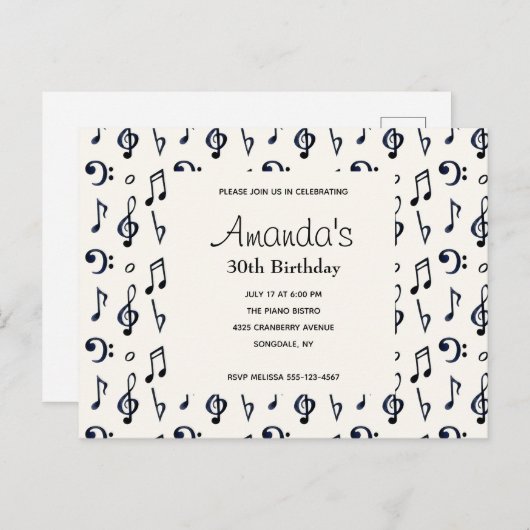 キュート音符パターン誕生日招待状 インビテーションポストカード (正面/裏面)