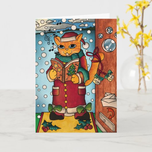 キュート魅力的なクリスマスキャロル歌手 カード (黄色い花)