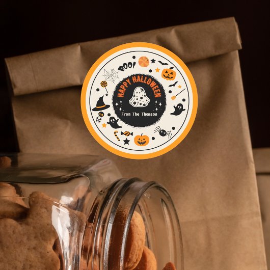 キュート鮮やかオレンよくはしゃぐジハロウィーンイラストレーション ラウンドシール