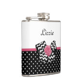 キュート黒ドットピンクローズシェブロン弓と名前 フラスク (右)